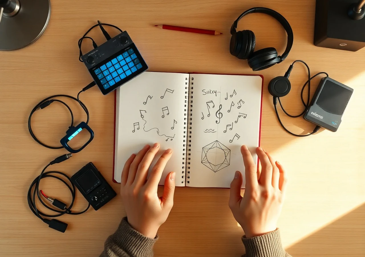 chiptune ideaをスケッチするノートと小型音楽セット