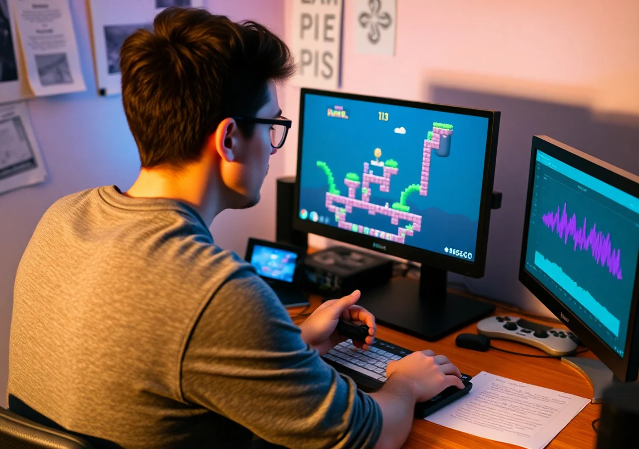 chiptune cueメモを見ながらピクセルプロトタイプを試す開発者