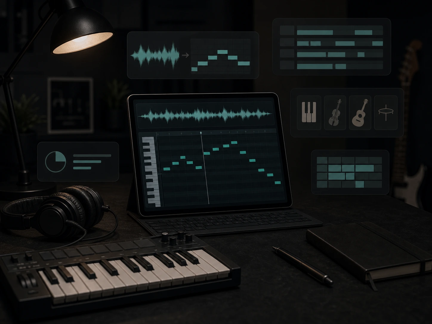 Audio waveform converted into editable MIDI notes in a dark music workspace