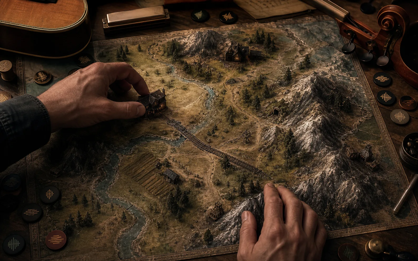 Worldbuilder colocando lugares frontier y cues Country instrumentales en una mesa grande