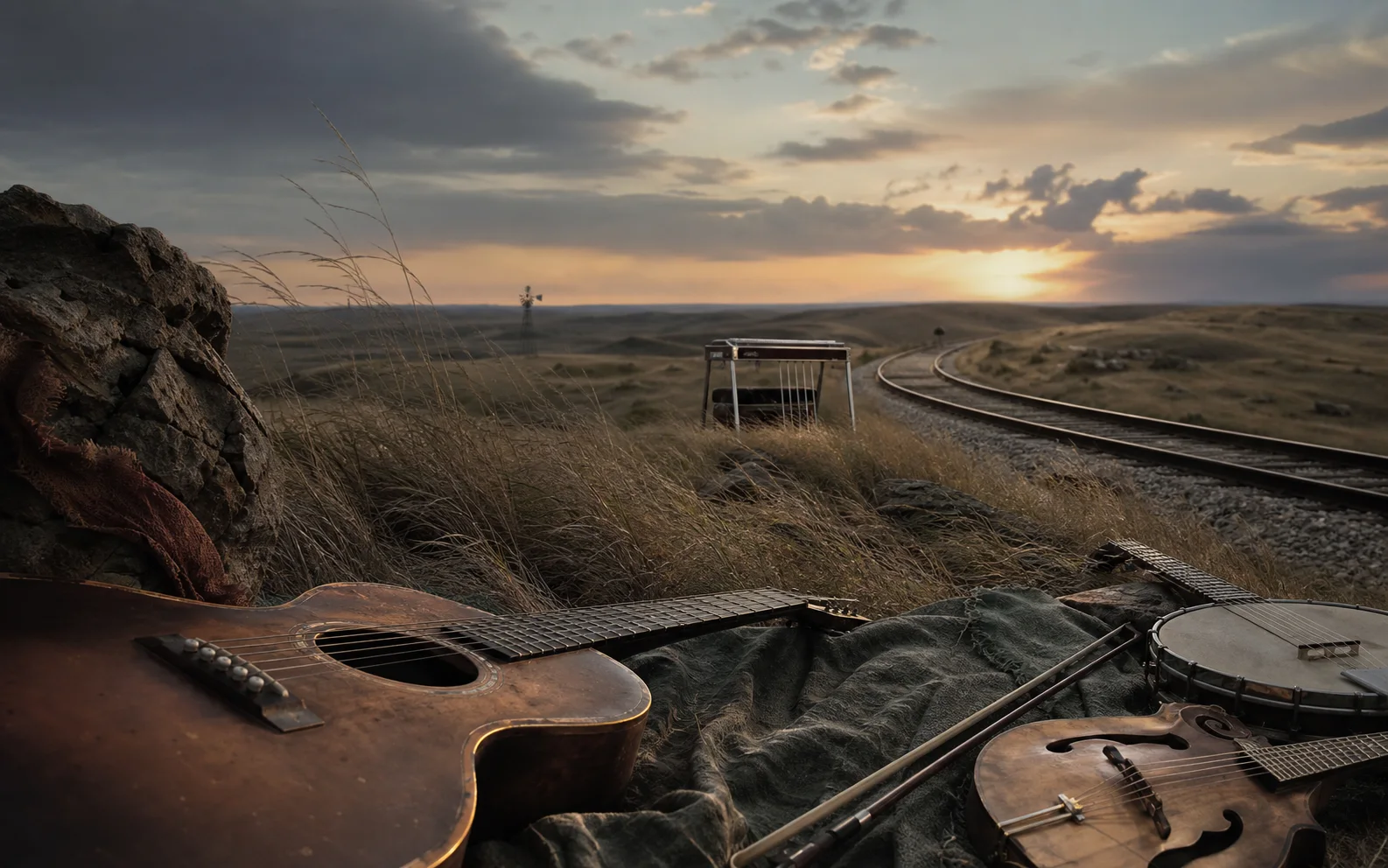 Instrumentos roots y movimiento del paisaje como textura Country cinematográfica amplia