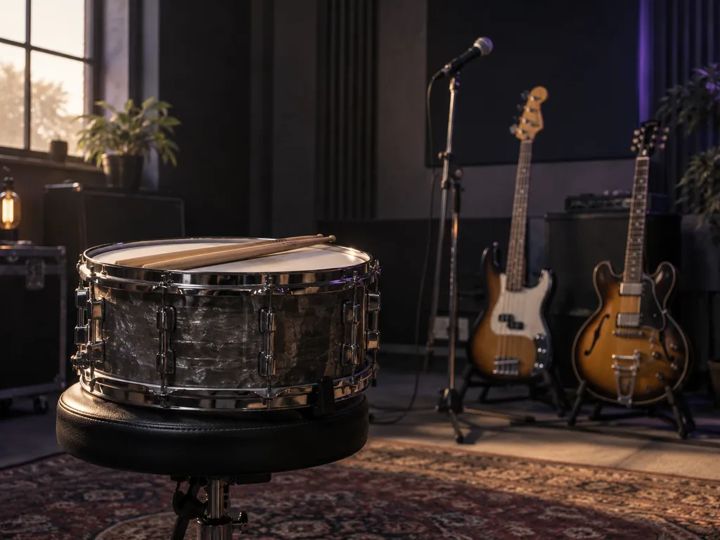 Snaredrum vooraan met microfoon, bas en gitaar op de achtergrond