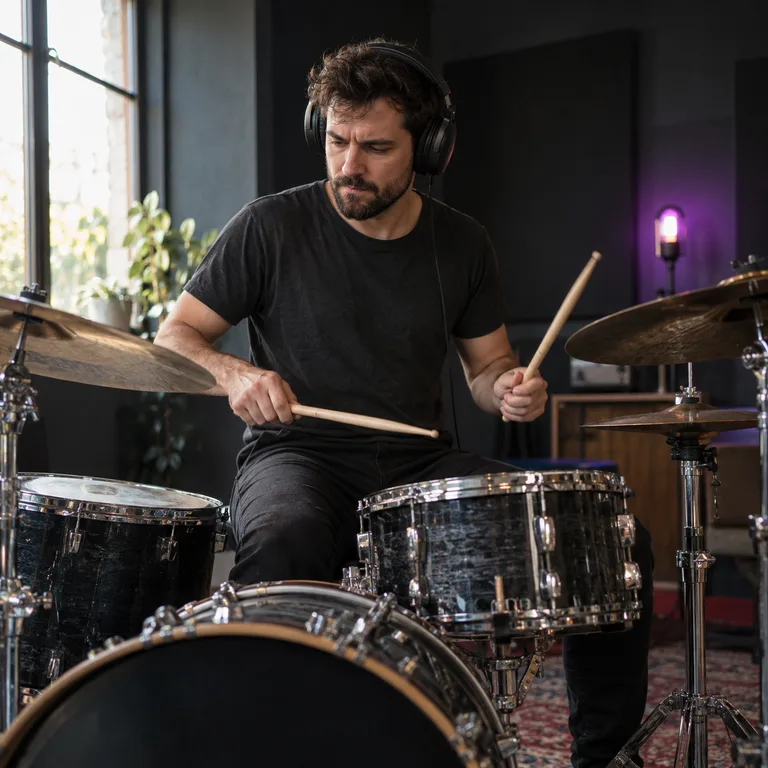 Mannelijke drummer met koptelefoon oefent op een drumstel