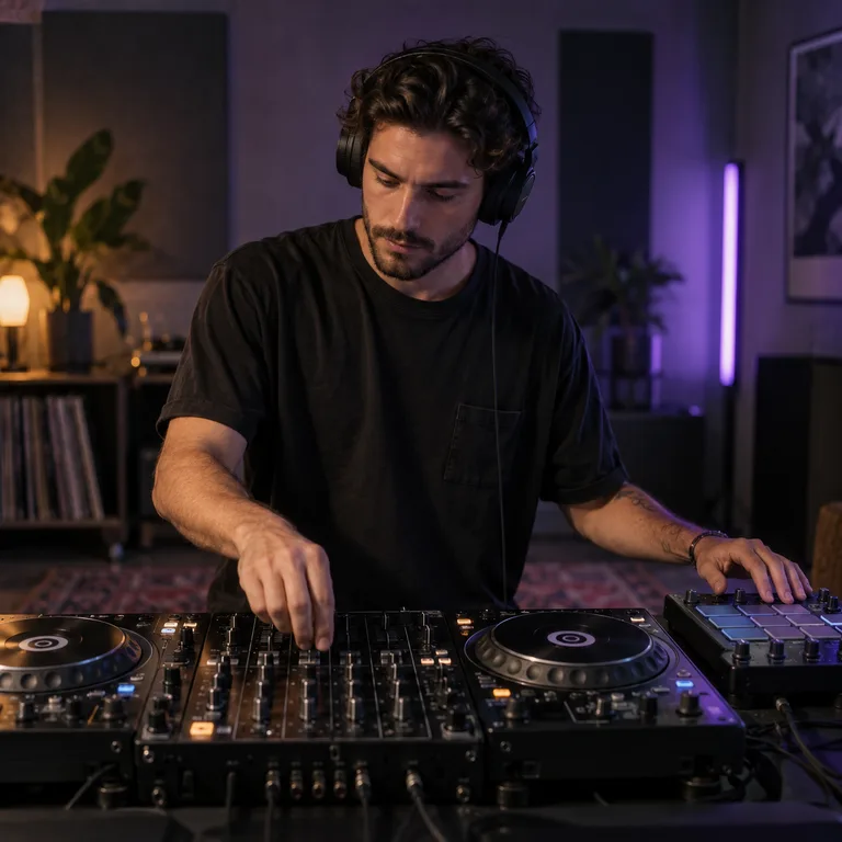 DJ oefent live bij een mixer naast een percussiepad