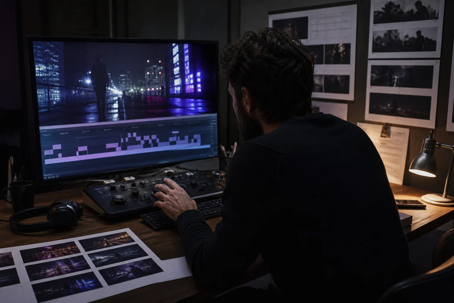 Motion editor aligning a nocturnal city sequence with a restrained electronic energy arc