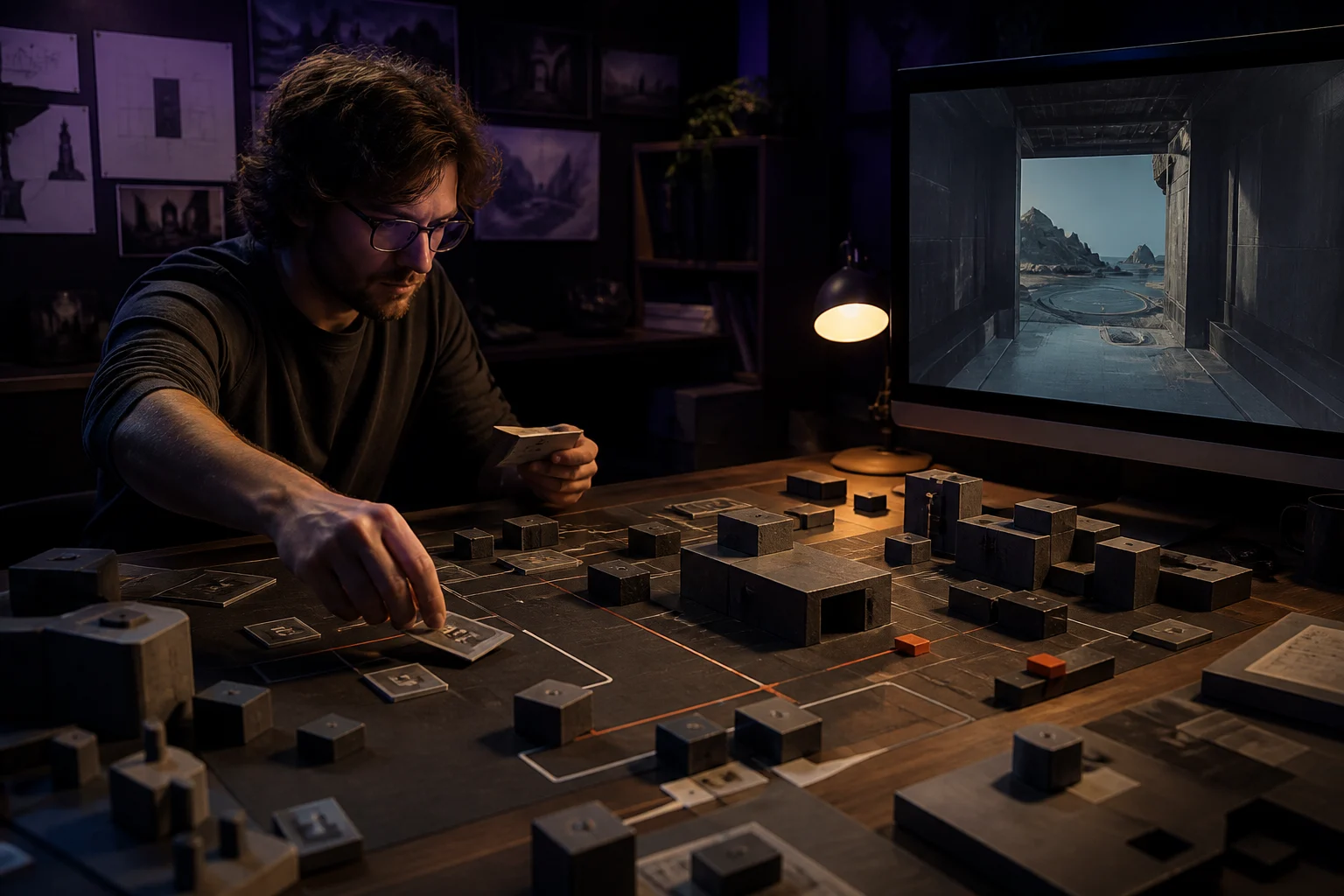 Interactive game designer mapping electronic pulse and spatial depth to a futuristic level transition