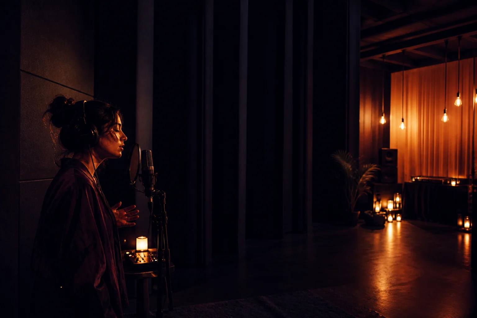Vocal performance space changing from intimate darkness through silence into a warm electronic release