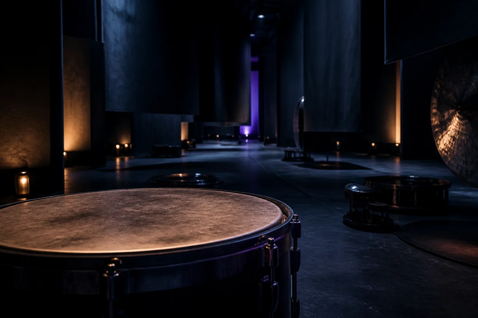 Tactile electronic rhythm installation using drums, bass vibration, reflected light, and layered spatial depth
