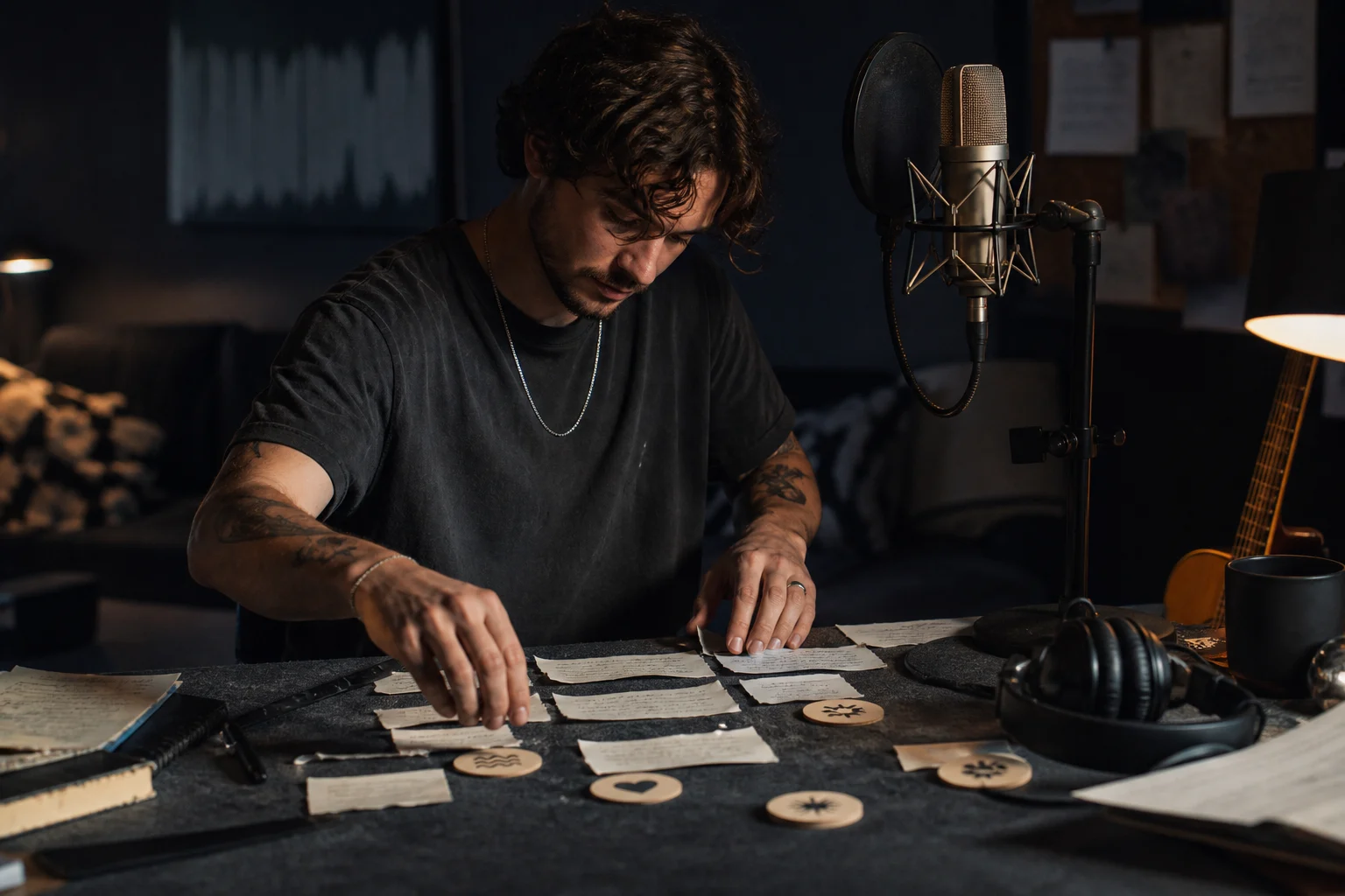 Vocal songwriter planning intimate lyrics, fragmented vocal texture, and a wide electronic chorus