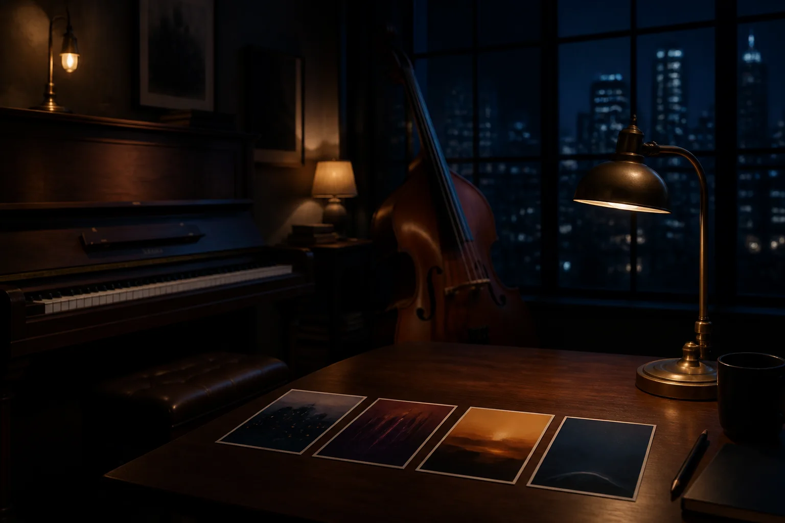 Sala de jazz nocturna con piano, contrabajo y tarjetas de lugar, hora y emoción