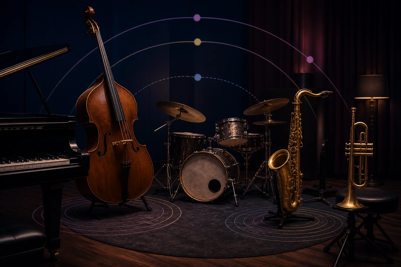 Mapa de conjunto jazz con funciones de piano, bajo, escobillas, saxo y trompeta