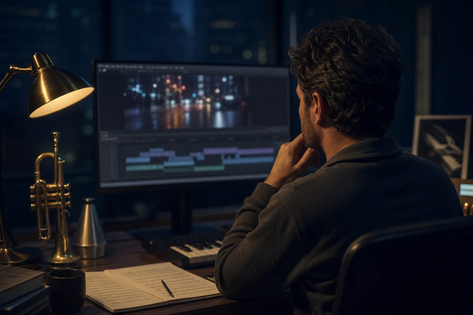 Editor uniendo una escena nocturna con trompeta con sordina, piano y arco jazz
