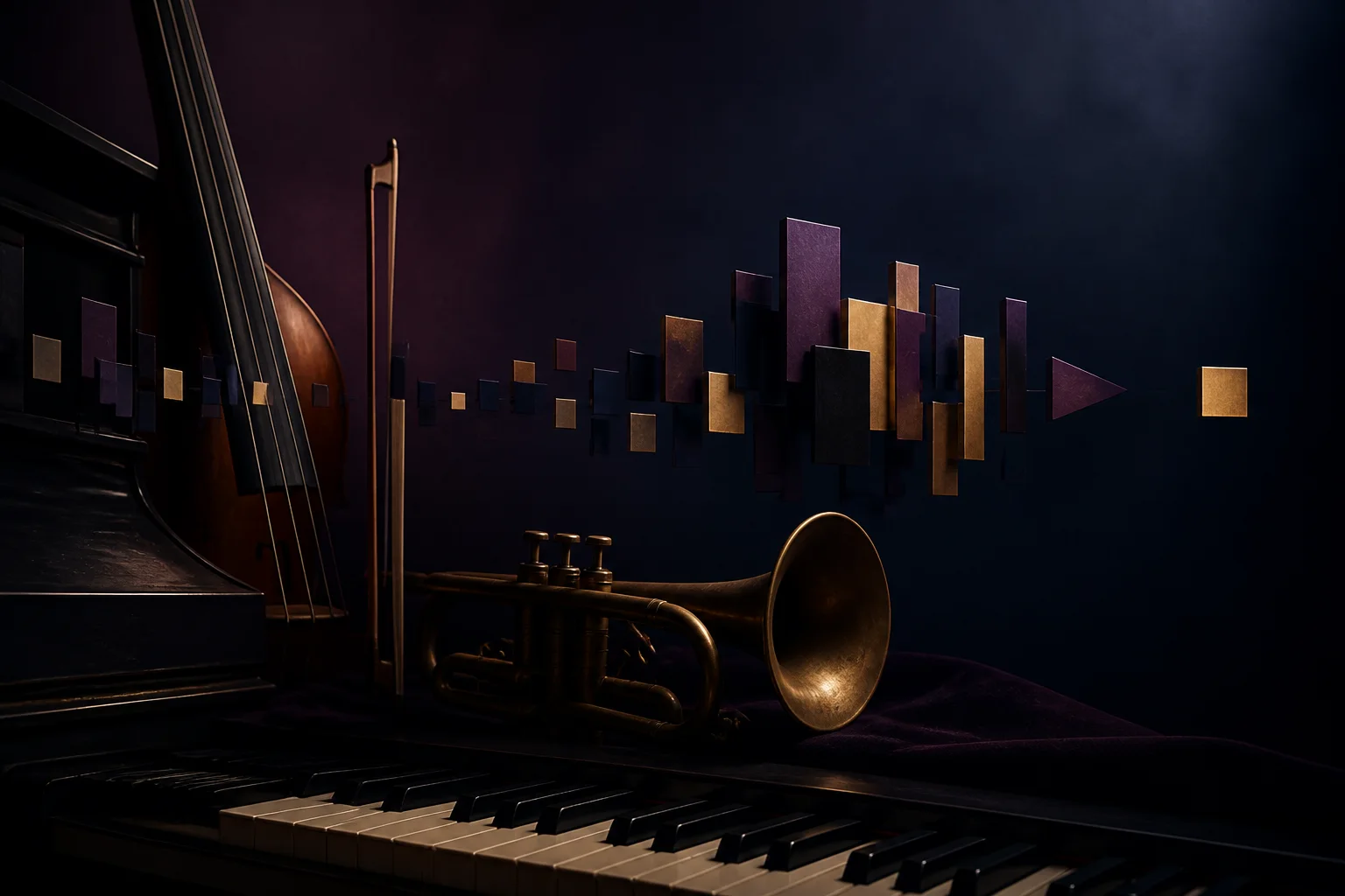 Arco jazz desde piano escaso hasta pico de conjunto y acorde final abierto