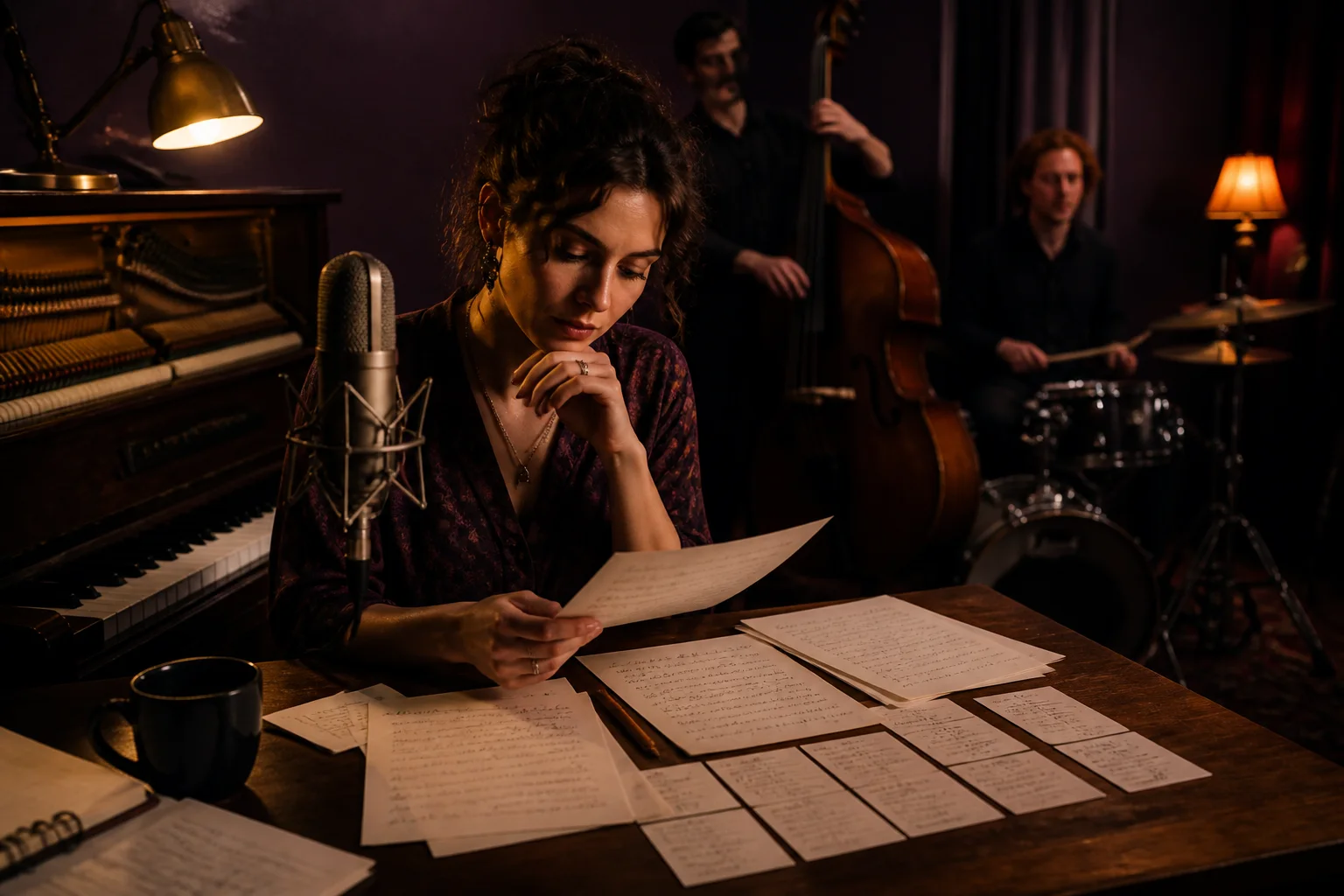 Compositor jazz trabajando letras con micrófono, piano y notas de conjunto