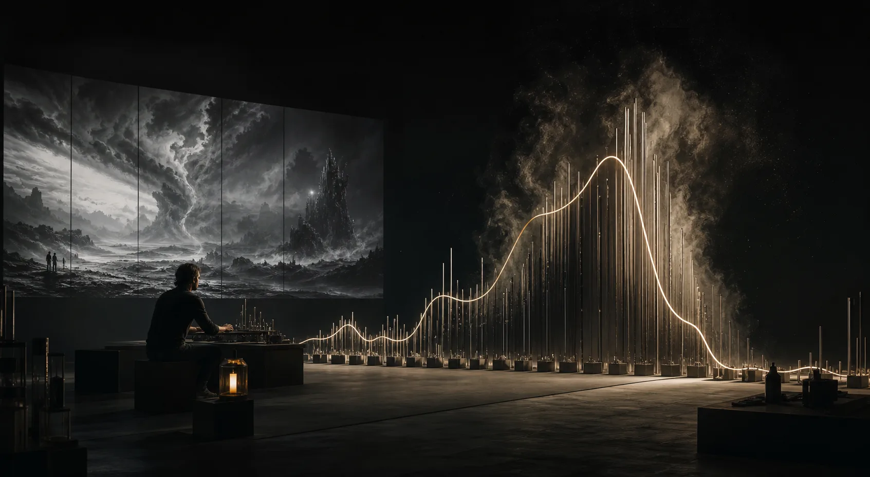 Cineastisches Szenenboard mit steigendem und fallendem Metal-Energiebogen