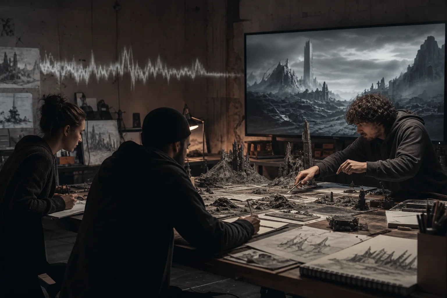 Game-Team prüft eine feindliche Science-Fiction-Welt mit Metal-Cues