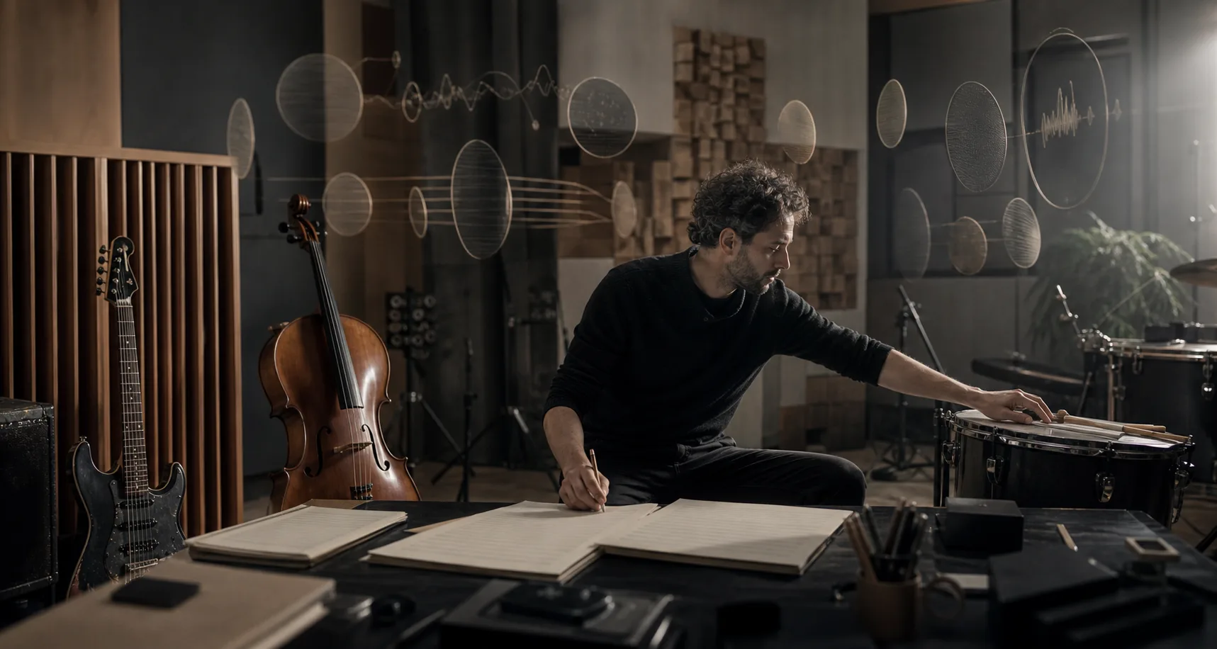 Komponist formt atmosphärische und schwere Abschnitte in einem weiten Studio