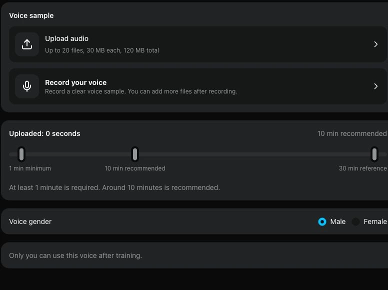 Voice sample upload and recording controls before training begins