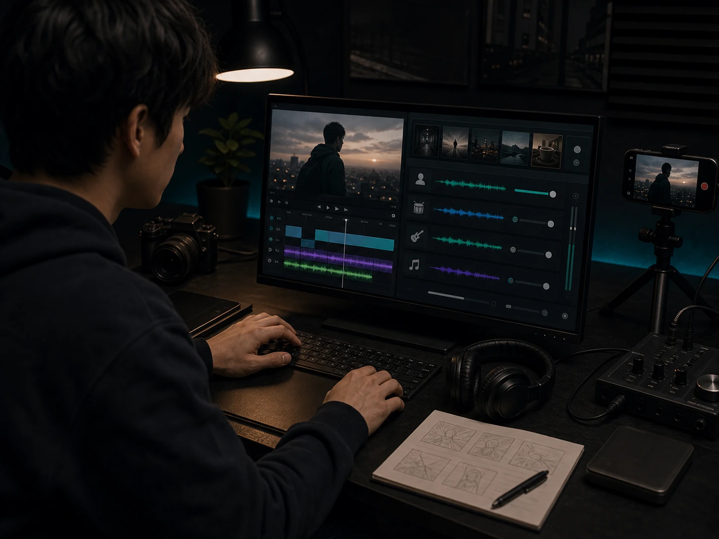 Video editor using stems to balance music under narration