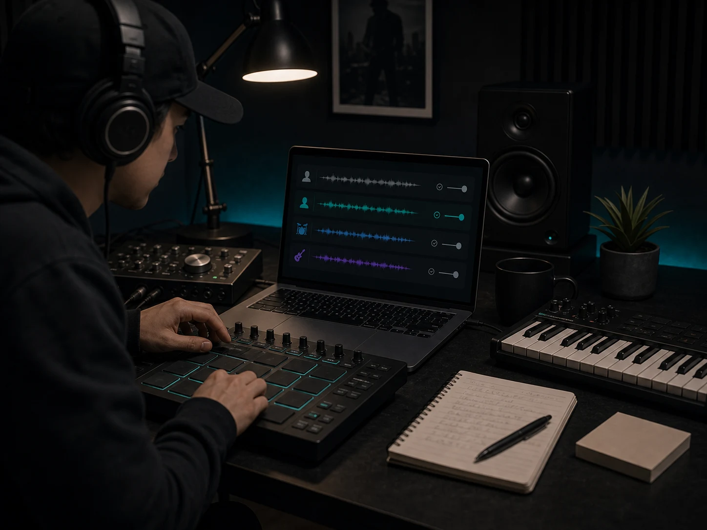 Producer reviewing separated stems for a remix sketch