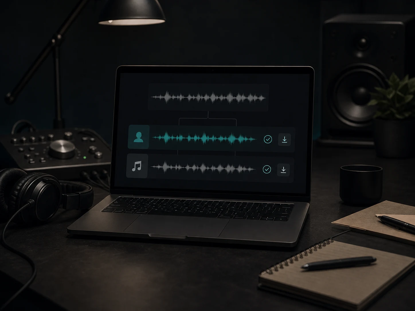 Vocal and instrumental stem preview in a dark audio workspace