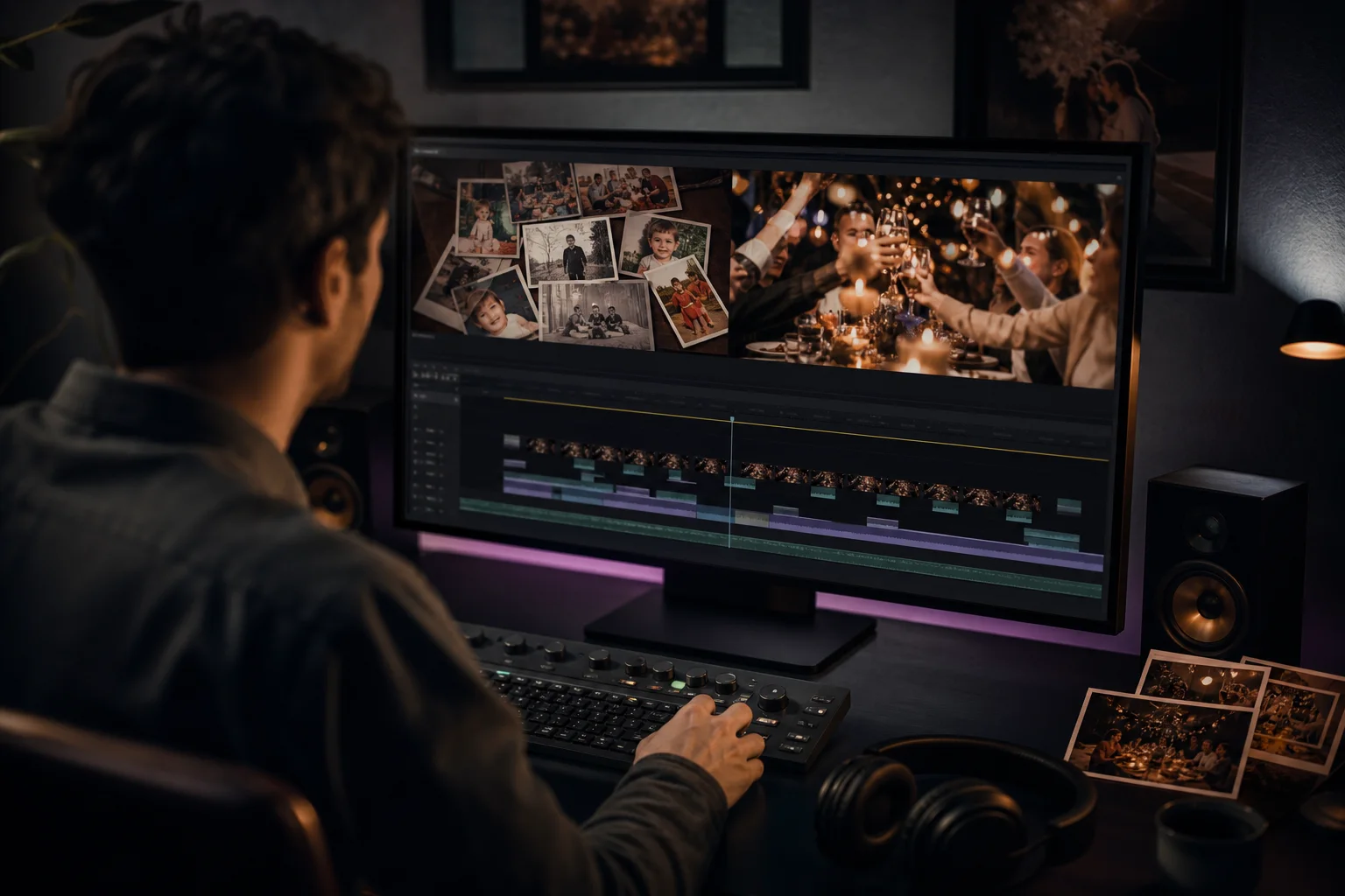 Editor synchroniseert een originele verjaardagstrack met een filmische familierecap