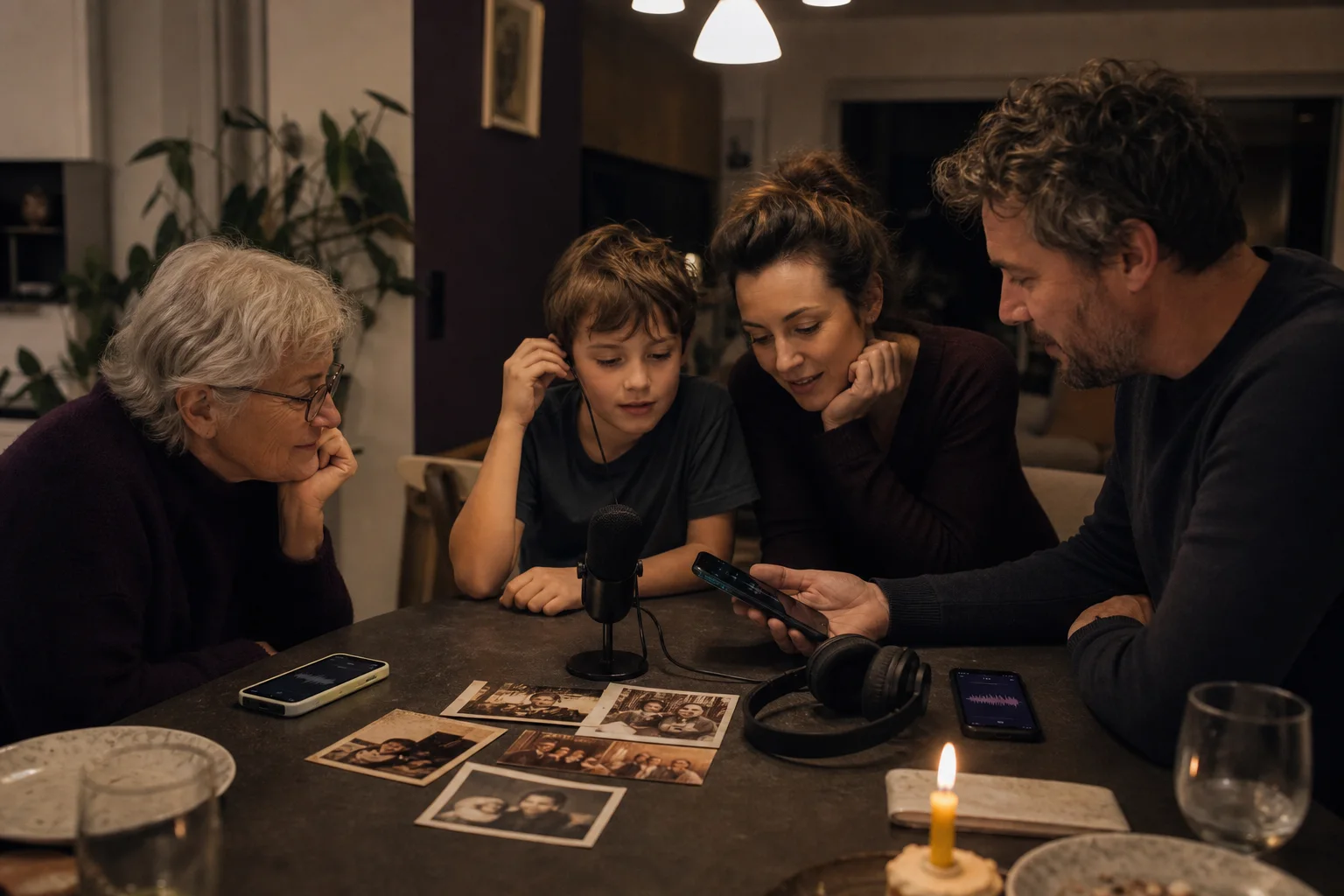 Familie ordent spraakherinneringen rond de tafel tot een warme verjaardagshommage