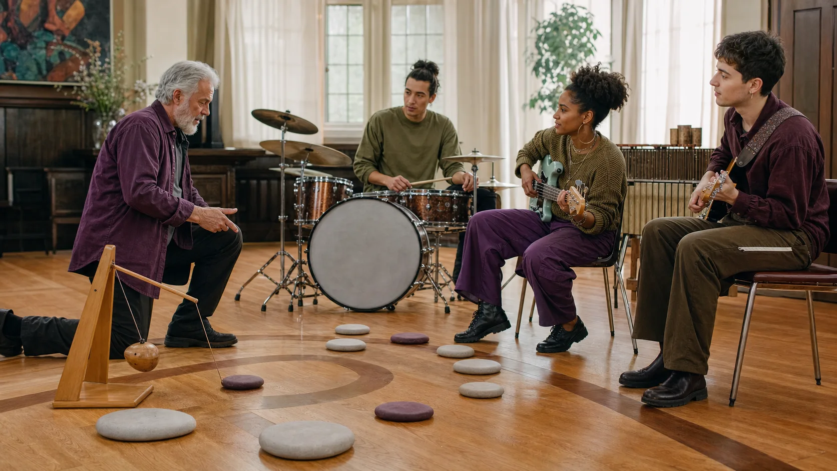Music teacher and band marking a rehearsal tempo on a floor chart
