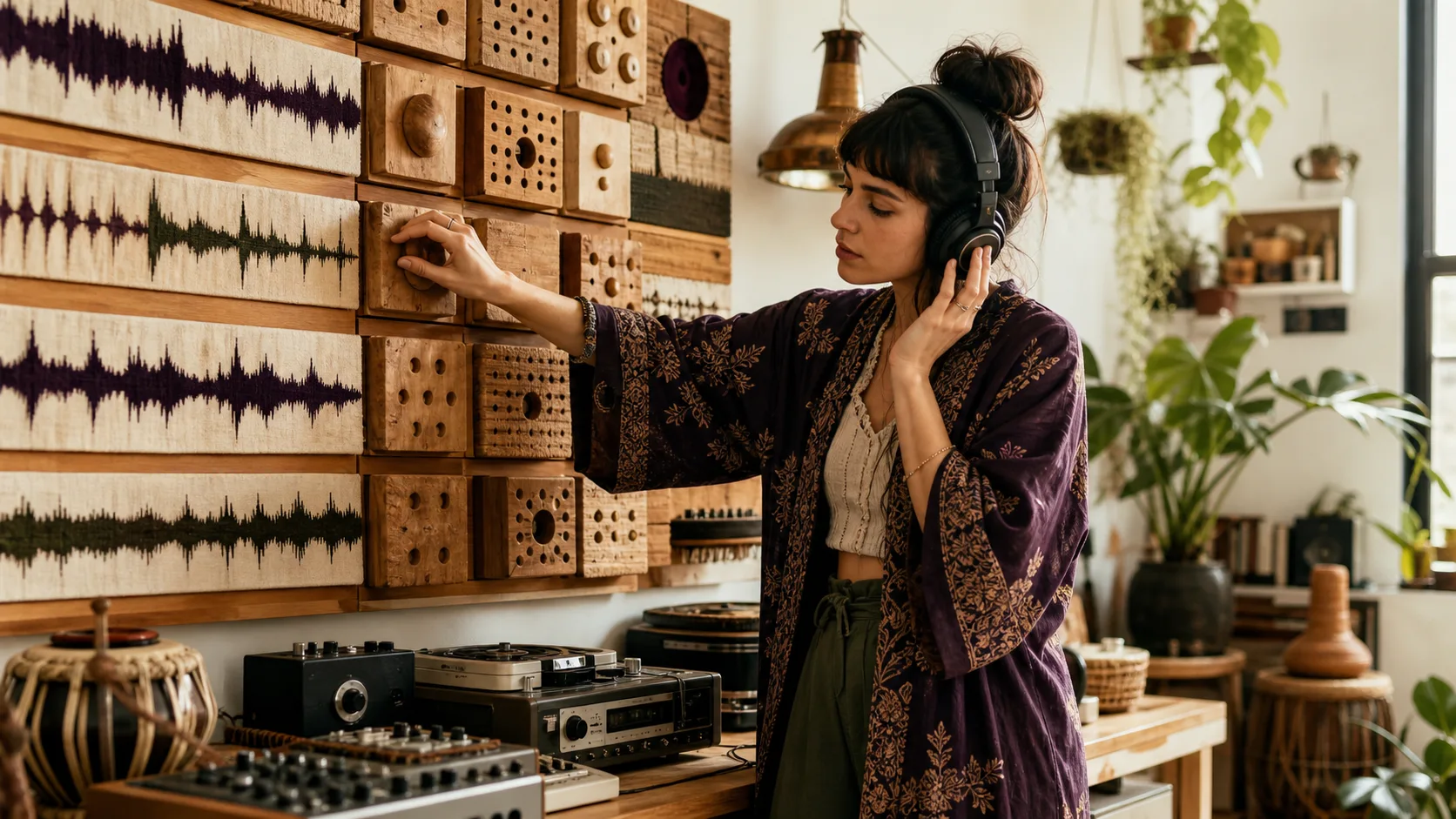 Beatmaker comparing drum patterns and samples on an analog worktable