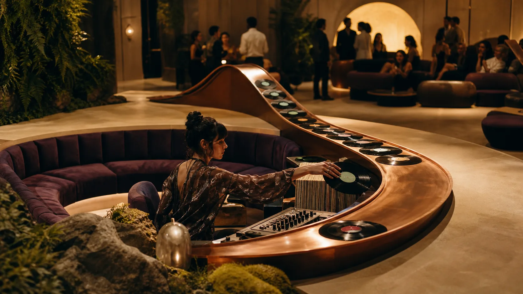 DJ charting the pace of a set with records and a curved tempo path