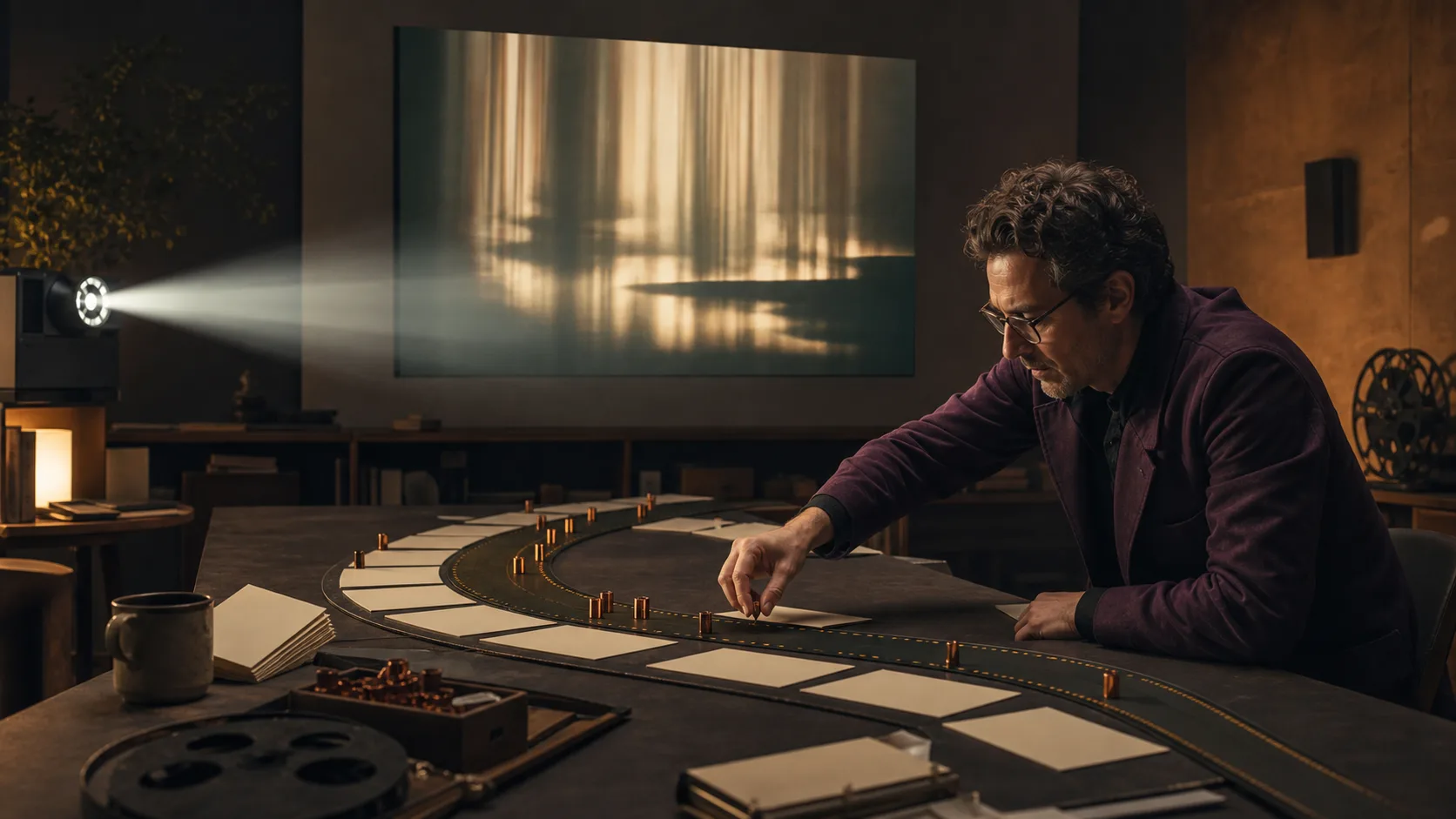 Film editor arranging scene cards around a musical tempo curve