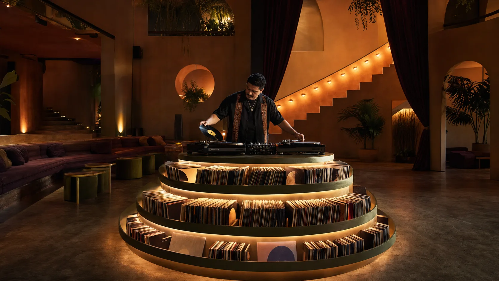 DJ planning energy changes with records arranged by tempo