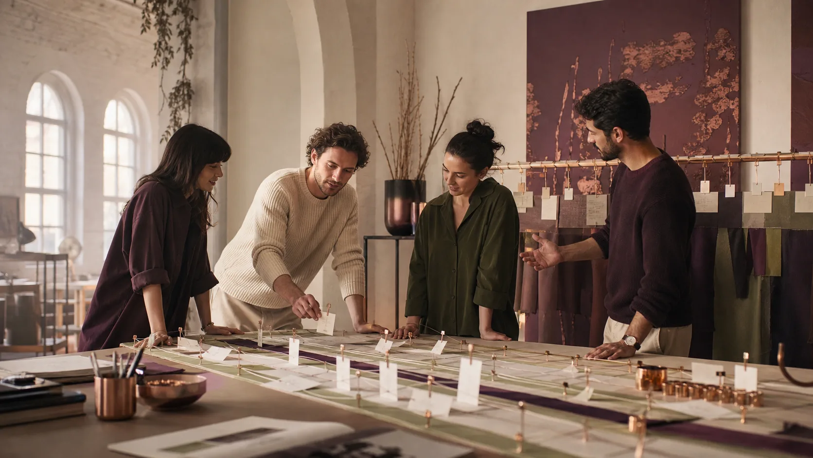 Motion team arranging storyboard cards beside a physical rhythm timeline