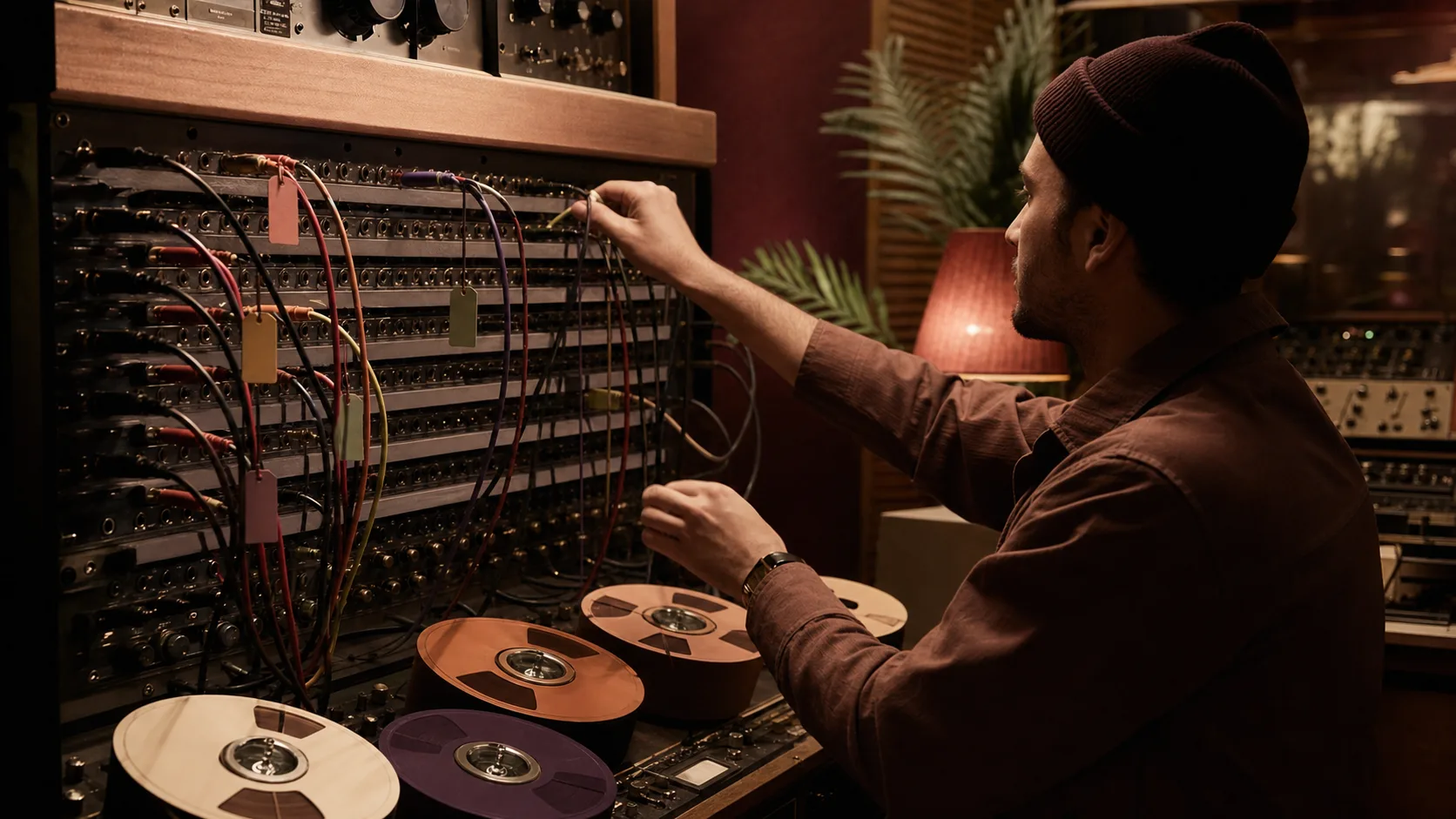 Productor comparando stems junto a un patch bay