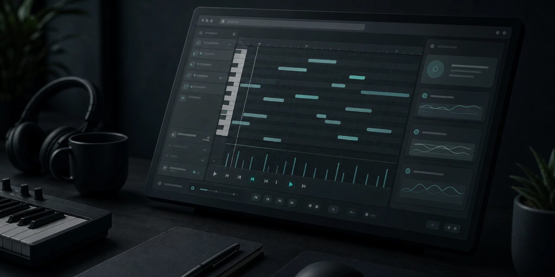 Browser MIDI editing interface with note blocks, track lanes, velocity controls, and AI music planning panels