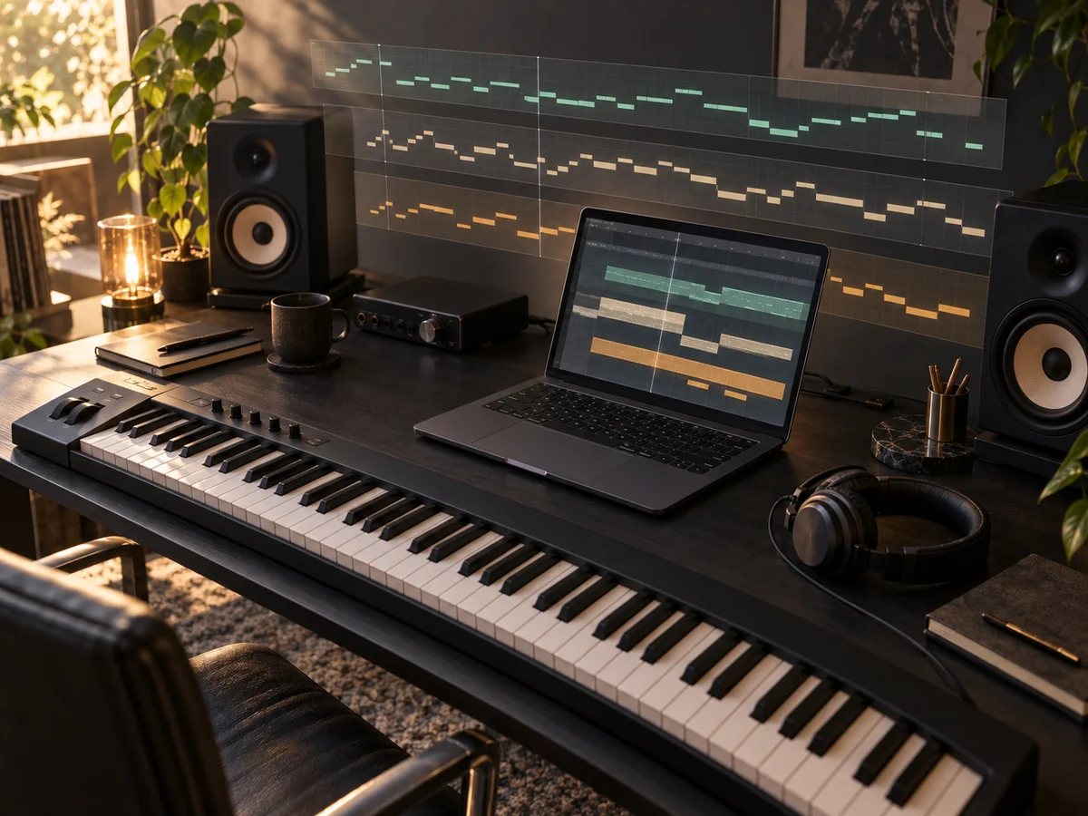 Concept illustration of a MIDI phrase developed into a layered studio arrangement