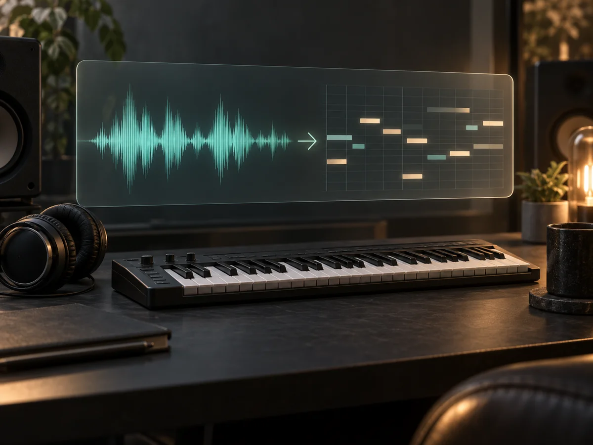 Concept illustration of a recorded musical phrase alongside editable note blocks