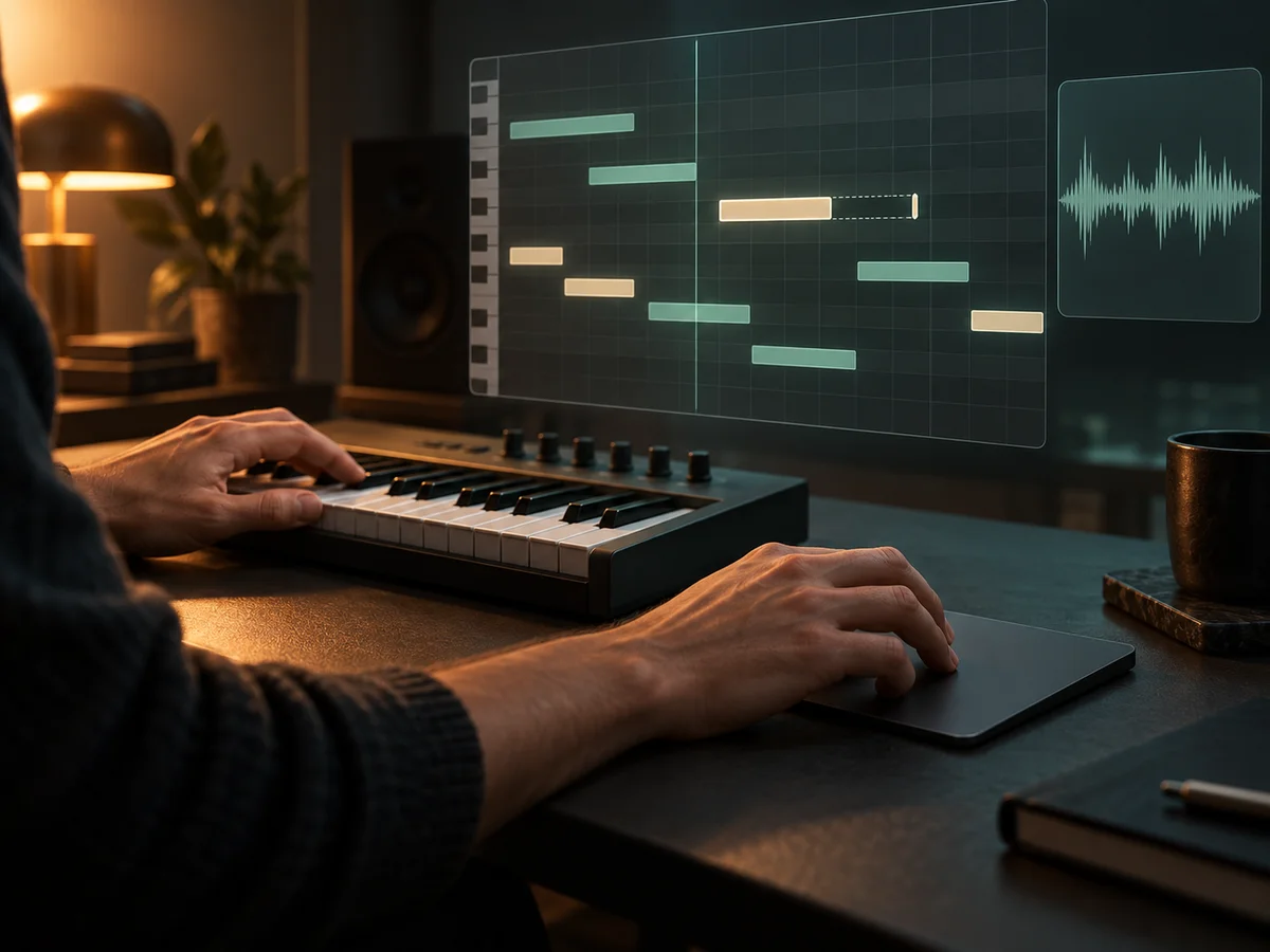 Concept illustration of a musician refining note blocks beside a reference waveform