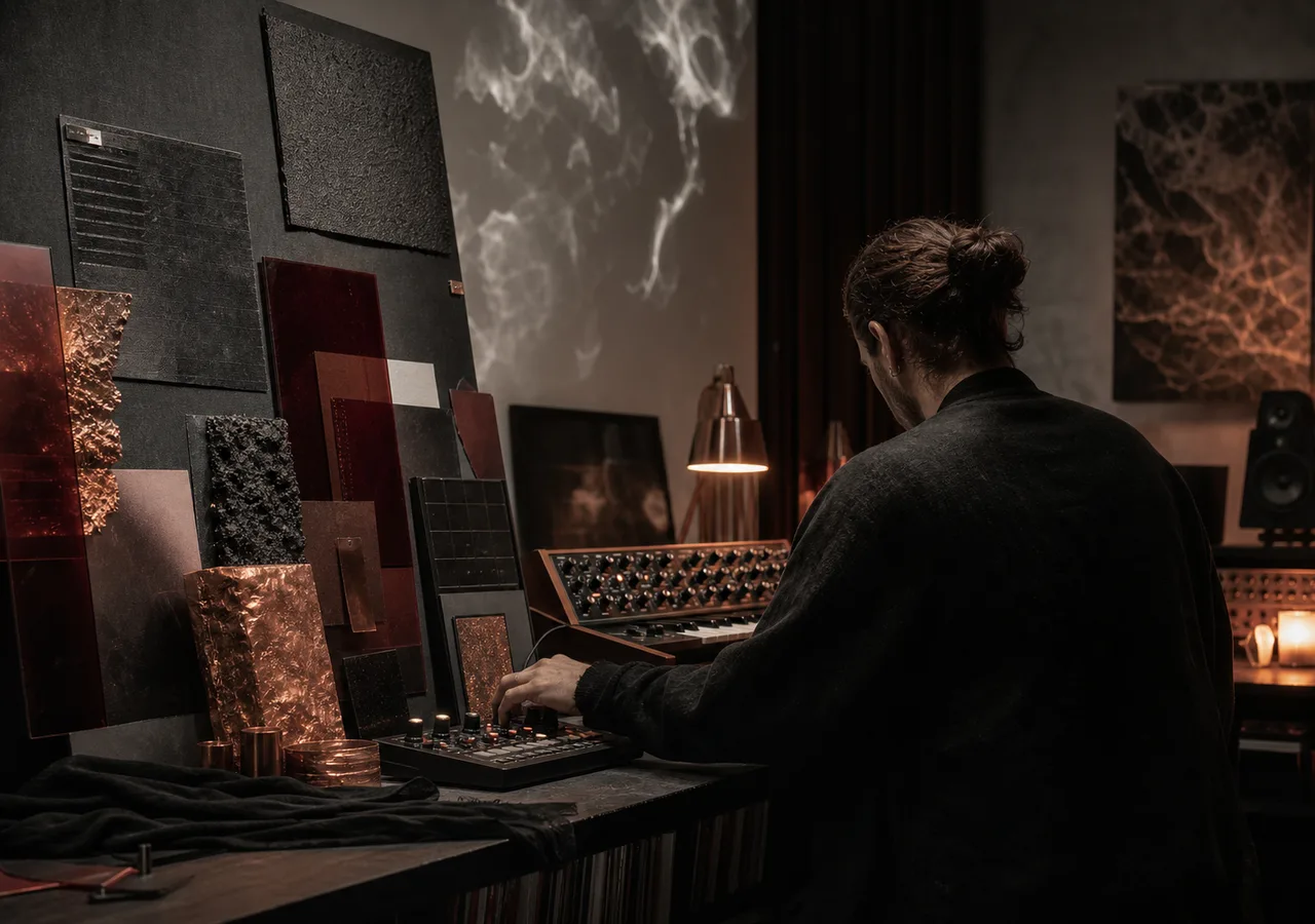 Cineastisches Soundstudio mit taktilem Moodboard und zurückhaltender dunkler Musikkomposition