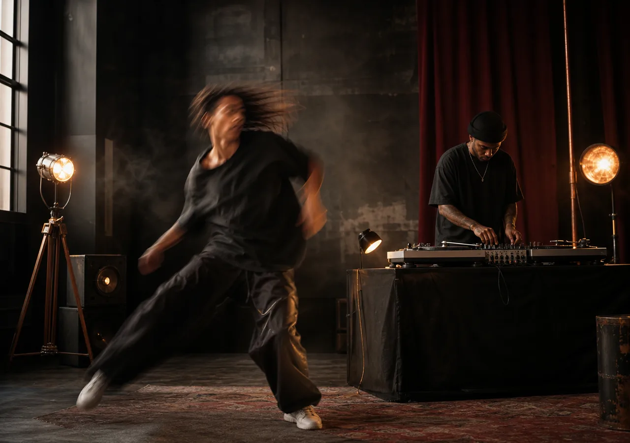 Tanzprobe und DJ-Vorbereitung rund um Percussion-Bewegung und dunklen Clubpuls