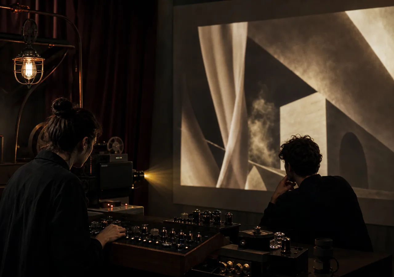 Visueller Künstler testet cineastische Projektion und lenkt einen stimmungsvollen Phonk-Soundtrack