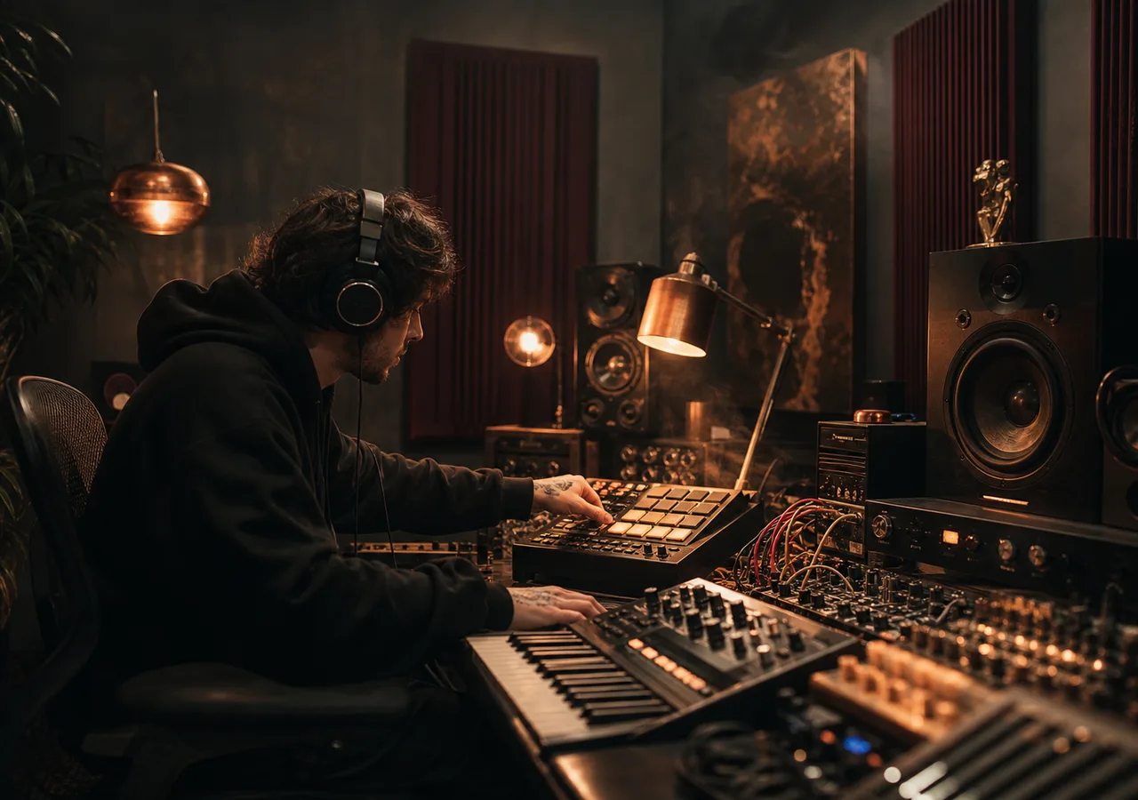 Unabhängiger Produzent formt ein rauchiges Phonk-Arrangement mit taktilen Studioreglern